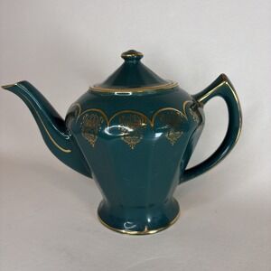 Vintage Hall Albany Teapot Green With Gold Trim 7 1/4" Tall USA VGC